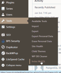 Screenshot of WordPress Dashboard shoiwing Tools > Index MySQL menu.